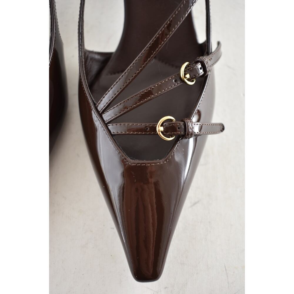 Miu Miu 55 Cacao Brown Patent Buckle Trio Pointed Slingback Kitten Heel Pump 38 - Picture 9 of 16